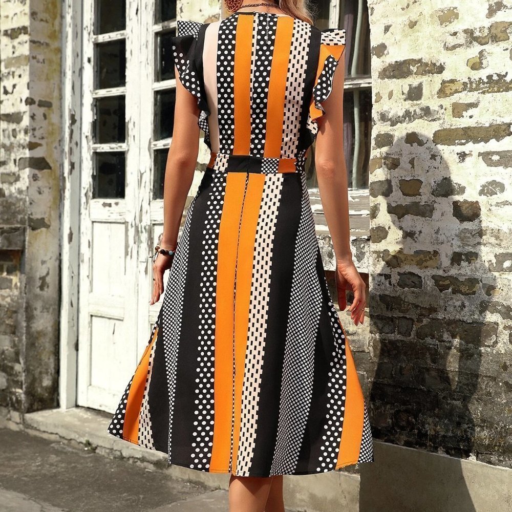 Multicolor Boho womens Polka Dot & Geo Print Ruffle Trim Dress - Picture 5 of 5